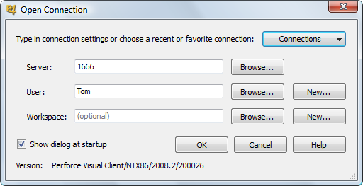 Perforce open connection dialogue