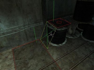 Jump areas (marked with green X's) tell bots that they must jump to reach the higher connected area, and that this area is not usable as a hiding/sniping spot.