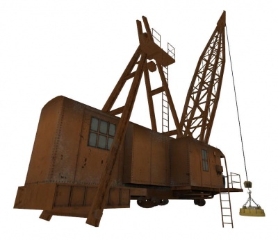A prop_vehicle_crane entity using the typical models/Cranes/crane_docks.mdl model, with an attached models/props_wasteland/cranemagnet01a.mdl .