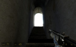 Now that the player is in the darkened hall the outside area appears overly bright due to eye adjustment