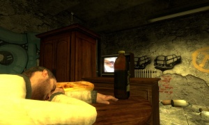 Rebel compounds: the first room to be fully scripted and set a decided tone; Breen flickers on TV while the character dozes