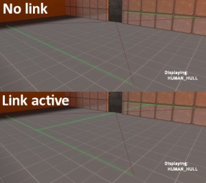 Overcoming a bad node link. The maroon line means that  NPCs do not have a link here; this is because the doorframe cuts into the projected hull's path. Adding a new node directly in front of the door adds a functional (green) link and allows HUMAN_HULL NPCs access.