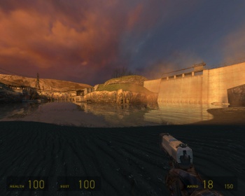 Outside Black Mesa East, with the lab on the left and the dam on the right.