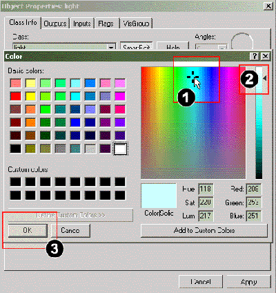 Change le 'hue' la 'luminance' et la 'saturation' de la lumière, puis cliquer sur OK.