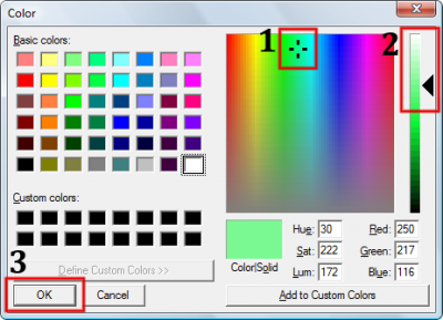 Change the hue/saturation and luminance of the light, then click OK.