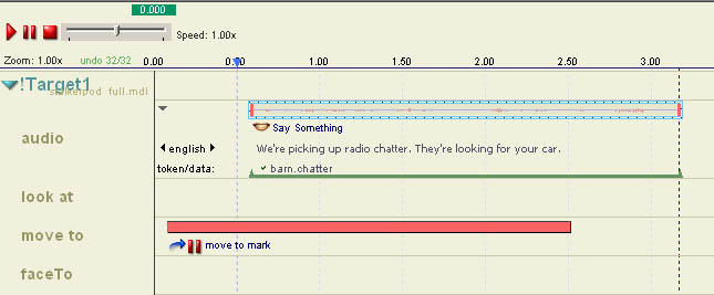 A Section Pause. Note that the Move To Actor event extends past the Pause line: the scene will resume when !target1 is two seconds away from his target.