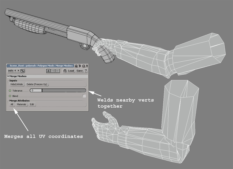 Merging the weapon and hand meshes