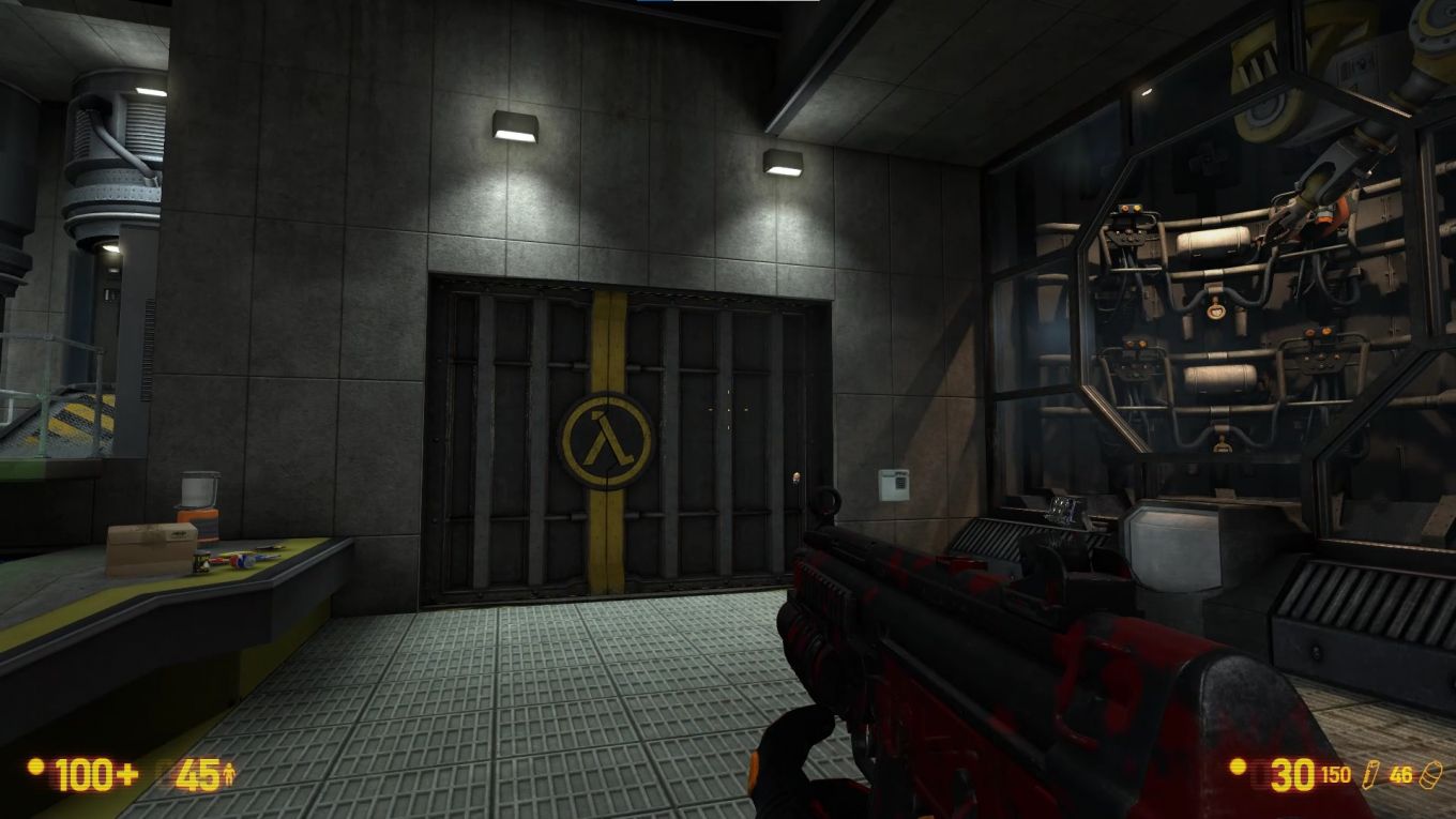 Here it bounce of this metal door. The door is prop_dynamic with dynamic collision (required for animations). Note the crosshair position and position of the grenade.