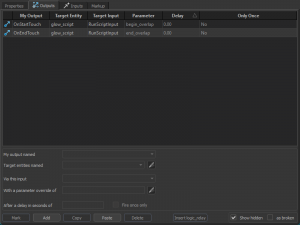 Two outputs for a trigger_multiple (OnStartTouch and OnEndTouch), which are connected to a point_script's RunScriptInput input. Each output specifies an input name for the script