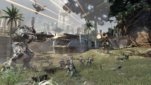 Promotional in-game screenshot of Titanfall, the first game to run on a heavily modified version of the Source Engine called Titanfall branch, featuring Direct3D 11 renderer, detailed models and better graphics, temporal anti-aliasing (Nvidia TXAA), and increased engine limits.