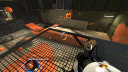 An example of angled flinging on sp_a3_speed_ramp. The gel dropper sends gel straight into the blue portal. The gel comes out of the orange portal at just the right angle and position to send it through the blue portal a second time, with a different angle. The gel exits through the orange portal again, but with a new angle, landing in a new spot. Using this, a large amount of the room can be painted, but to no actual use.