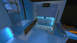 Inside the test chamber, more surfaces are portalable, enabling more possibilities. Not seen in this picture is gel on the platform the player is currently standing on. With precise movements, the player can use gel to skip the final fling in this test.
