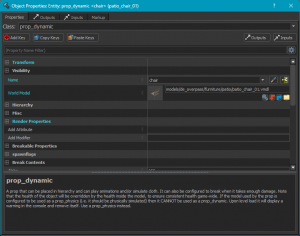 prop_dynamic property list, showing a modified name and model property